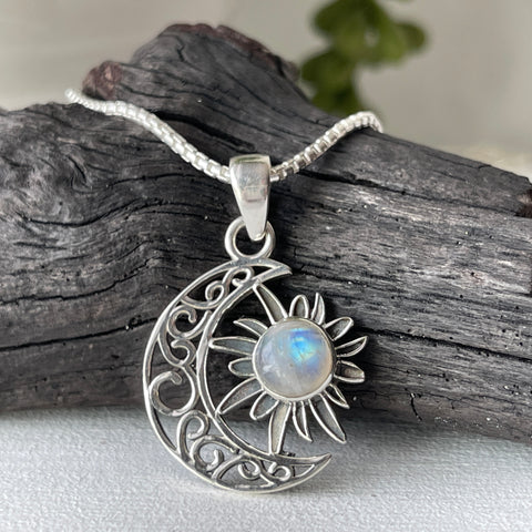 sterling silver moonstone sun moon celestial stone pendant necklace