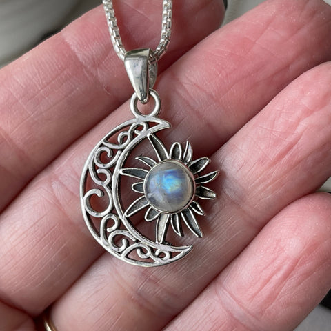 sterling silver moonstone sun moon celestial stone pendant necklace