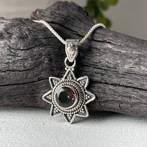 sterling silver smoky quartz stone crystal sun pendant