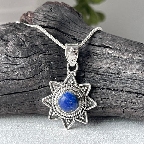 sterling silver lapis stone sun pendant