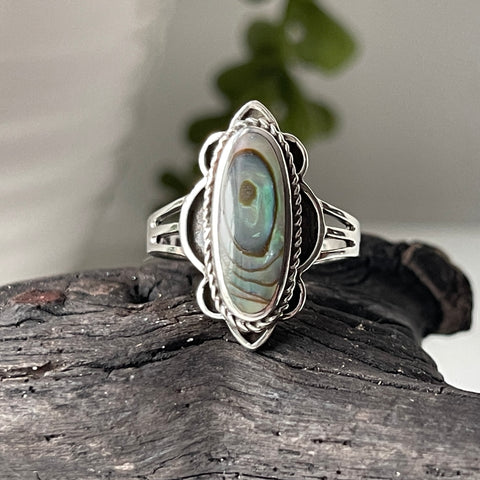 sterling silver abalone stone crystal ring