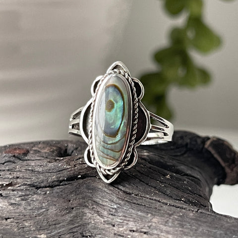 sterling silver abalone stone crystal ring