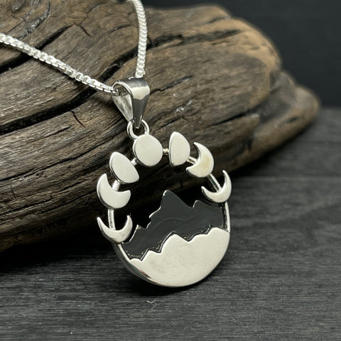 sterling silver mountain moon phase pendant charm necklace