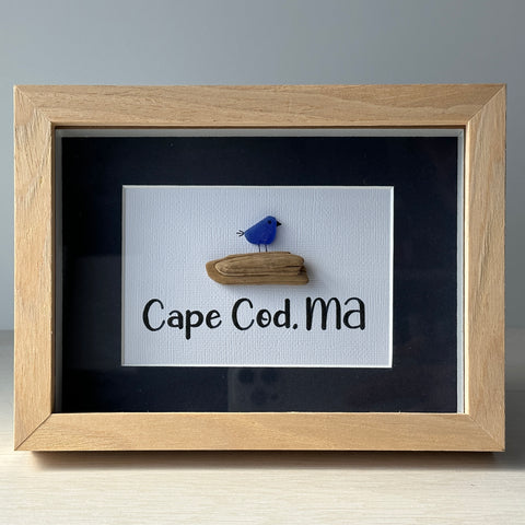 Cape Cod Sea Glass Bird on Driftwood Picture Pebble Art