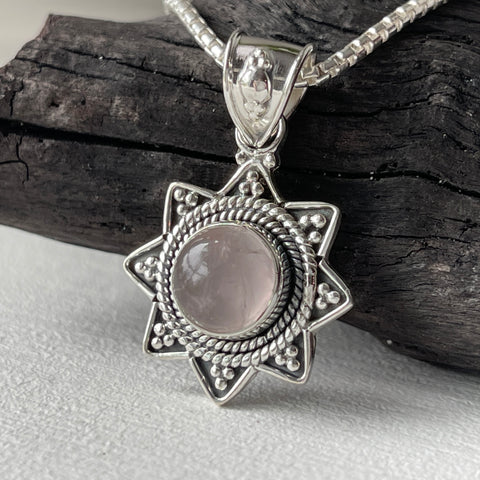 Sterling Silver Rose Quartz Sun Pendant