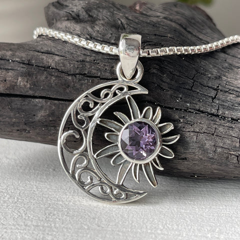 amethyst gemstone sun and moon necklace