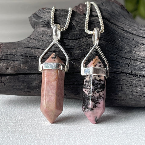 rhodonite stone crystal point necklace