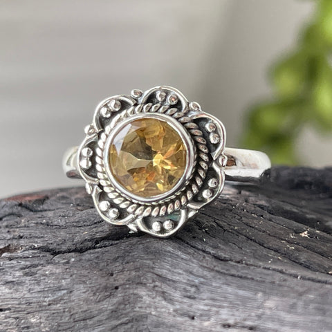 sterling silver citrine crystal stone flower ring