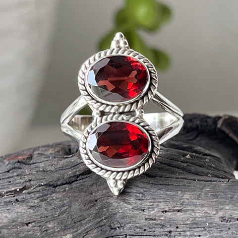 garnet sterling silver faceted two stone ring