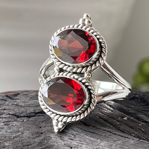 garnet sterling silver faceted two stone ring