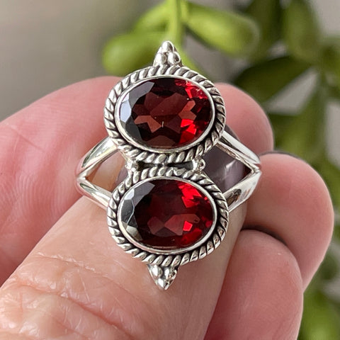 garnet sterling silver faceted two stone ring