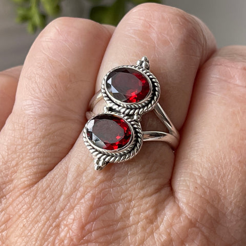 garnet sterling silver faceted two stone ring