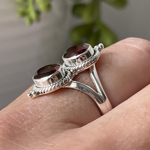 garnet sterling silver faceted two stone ring