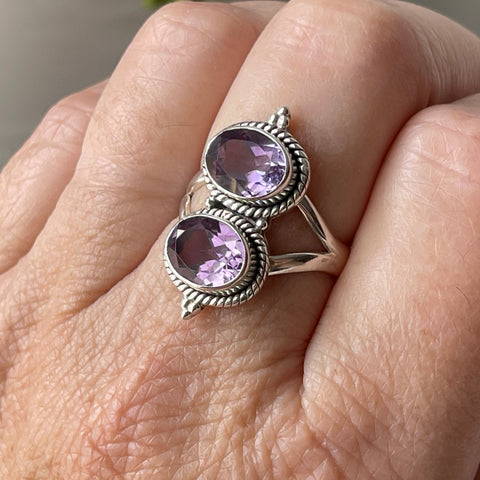 sterling silver amethyst crystal stone faceted ring