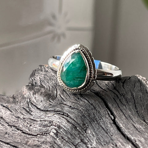 Emerald Sterling Silver Simple Faceted Ring