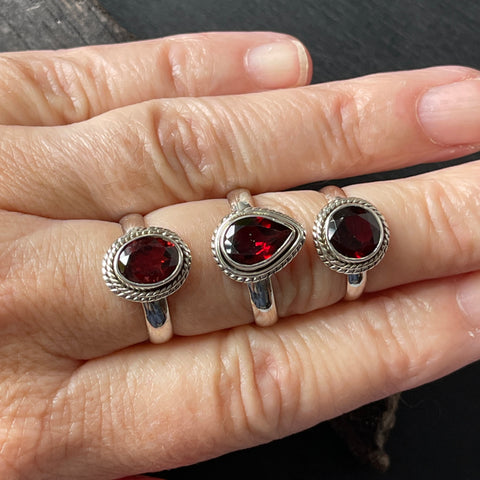 Garnet Sterling Silver Faceted Ring