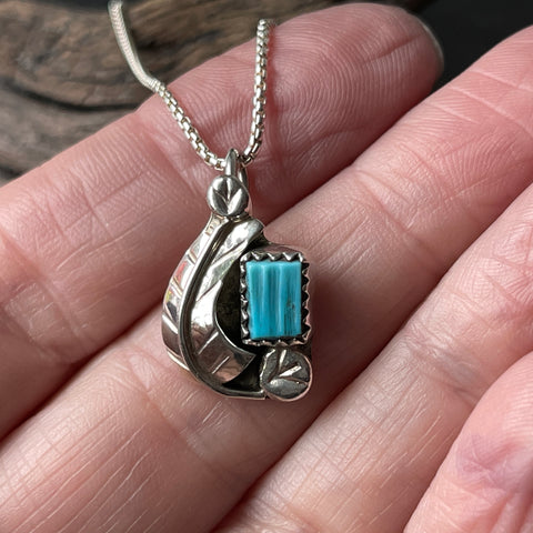 Turquoise Sterling Silver Leaf Pendant By Navajo Artist